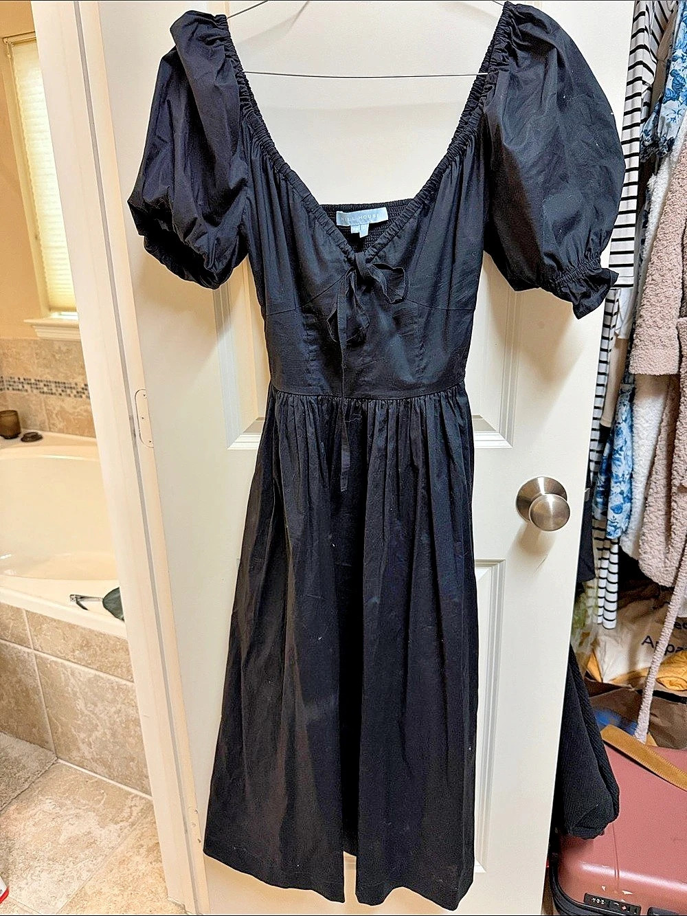 Hill House Home The Ophelia Dress Puff Sleeve Cotton Midi Dress in Black Size XS